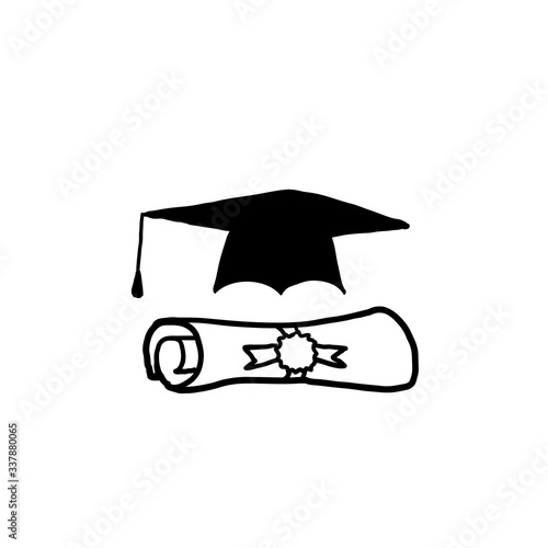 hand drawn graduation hat and scroll paper illustration with doodle style vector