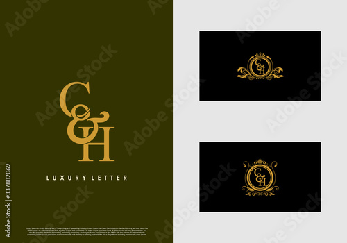 CH logo initial vector mark. Gold color elegant classical symmetric curves decor.