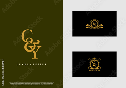 CY logo initial vector mark. Gold color elegant classical symmetric curves decor.
