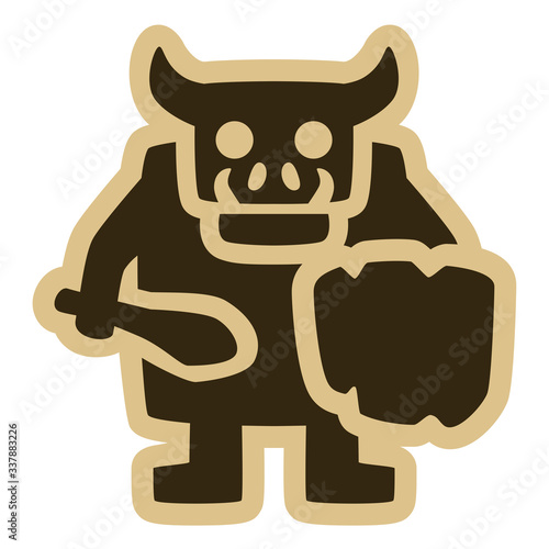 Vector drawing of a horned medieval fantasy ogre with a club and a wooden shield. Can represent a medieval fantasy story, a monster, an orc or a troll.