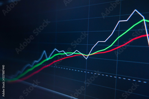Stock market trading graph and candlestick chart on screen monitor background. Financial investment and economic concept.