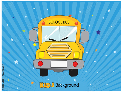 school bus and kids game background with rainbow, cartoon background blue sky with trees in kids environment for kids game,