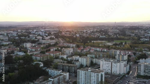 Wallpaper Mural Montpellier large aerial view, Mas Drevon neighborhood, Sunset over horizon. Torontodigital.ca