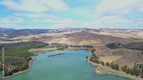Cinematic panoramic view of the Natural Park “Desfiladero de los Gaitanes”.- Malaga, Iconic Andalusian touristic area, starting point of the Royal Trail (El Caminito del Rey). Andalucia. Spain