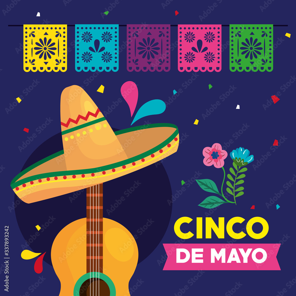 Mexican guitar with hat design, Cinco de mayo mexico culture tourism landmark latin and party theme Vector illustration Mexican guitar with hat design, Cinco de mayo mexico culture tourism landmark latin and party theme Vector illustration