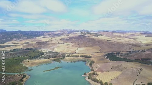Cinematic panoramic view of the Natural Park “Desfiladero de los Gaitanes”.- Malaga, Iconic Andalusian touristic area, starting point of the Royal Trail (El Caminito del Rey). Andalucia. Spain
