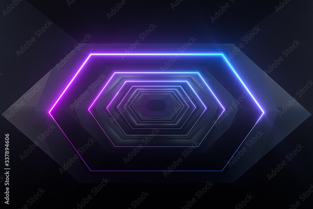 Hexagonal tunnel with neon light, modern architecture, 3d rendering. Hexagonal tunnel with neon light, modern architecture, 3d rendering.