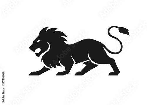 Stylized silhouette of lion. Vector animal illustration  black isolated on white background. Graphic image for tattoo  logo or mascot. Symbol of power and freedom.