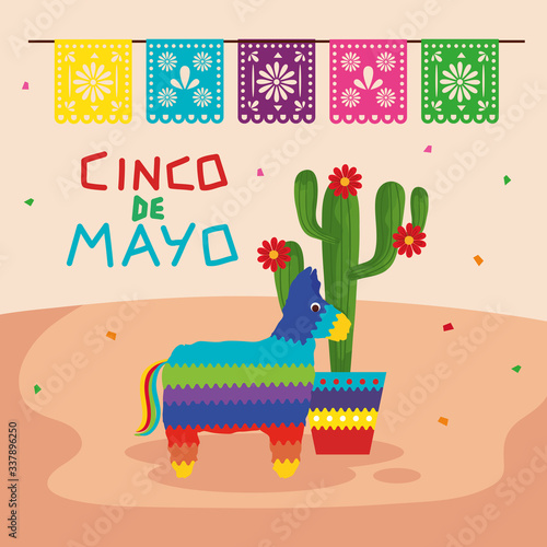 Mexican pinata and cactus with flowers design, Cinco de mayo mexico culture tourism landmark latin and party theme Vector illustration