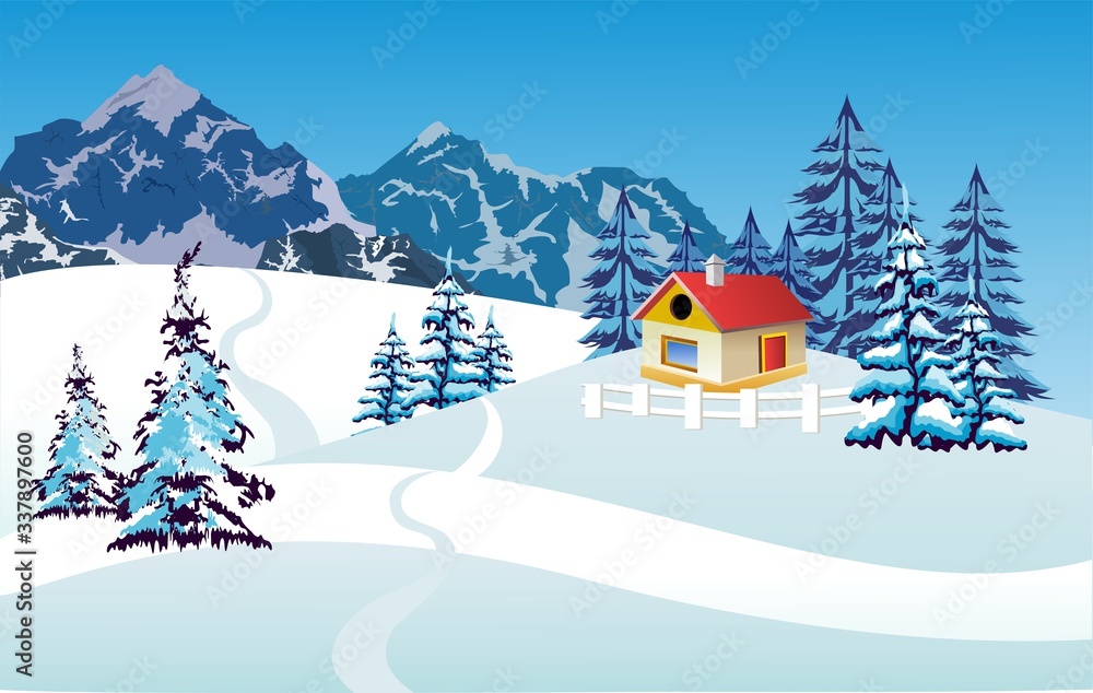 Naklejka premium resort houses village in the alpine mountains, winter snowy landscapes
