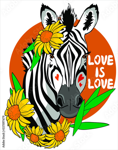 Fun zebra stands in flowers isolate on white background.  Love is love-  lettering.  Humor card  t-shirt design composition  hand drawn style print. Vector illustration.