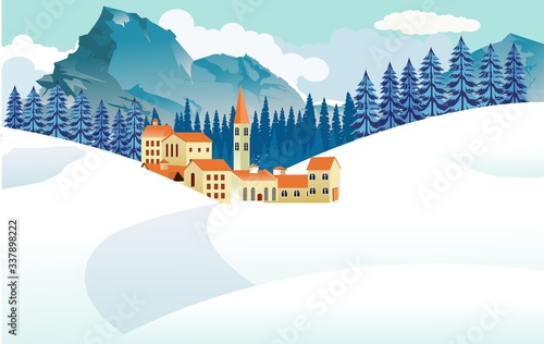Little resort village in the alpine mountains, winter snowy landscapes