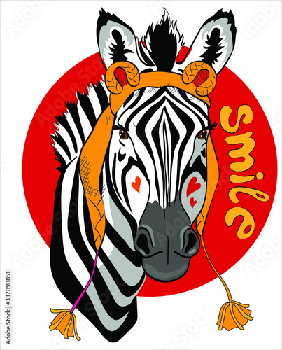 Fun zebra in festive cap isolate on white background.  Smile -  lettering. Humor card  t-shirt design composition  hand drawn style print. Vector illustration.
