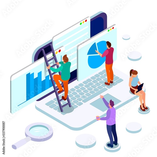 Office workers planing business mechanism. Business strategy and analytics. Isolated flat vector isometric illustration for web, presentation, banner, infographics.