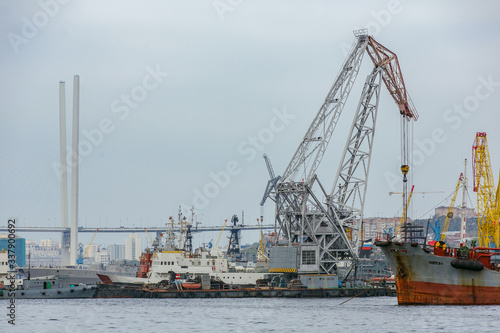 Vladivostok Industrial Marine Facade. Cargo cranes in the trading port of a large sea city. Commercial cargo ships stand in port against the background of tall cranes.