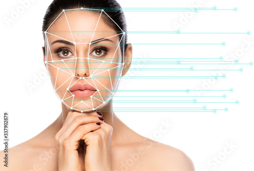 Biometric authentication concept. Facial recognition system of beautiful woman on white background