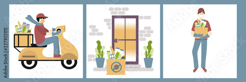  Contactless Delivery of food concept set. Coronavirus, covid-19. Courier delivers food to the door,  courier with a package and courier on a moped.