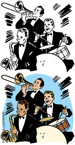 A cartoon of a big band orchestra performing with a trombone a saxophone and a drum. 