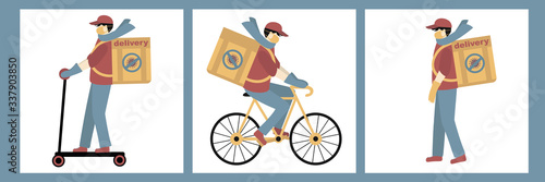 Contactless Delivery of food concept set. Coronavirus, covid-19. Delivery man, courier on a bike and scooter, wearing a medical mask carries a delivery