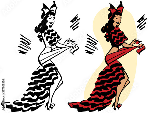 A cartoon of a Latin woman performing a dance. 