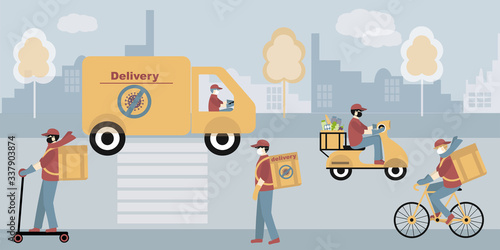 Contactless Delivery of food concept. Coronavirus, covid-19. Delivery man, courier by all means of transport set, on foot, by bicycle, by moped, by scooter , by minibus