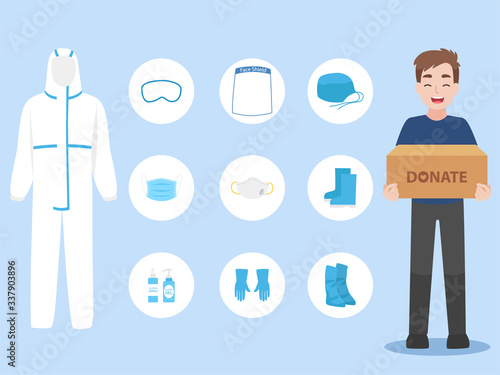 People donate PPE personal protective suit Clothing isolated and Safety Equipment for prevent Corona virus, man hold donate box for give and support doctor work safety