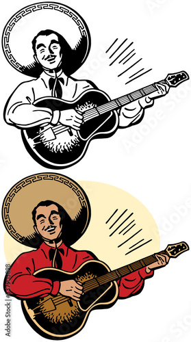 A drawing of a Mexican man in a sombrero playing guitar in a Mariachi band. 