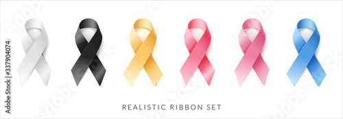 Set of White, Black, yellow, Red, Pink, Blue, ribbon on white background. Realistic vector illustration