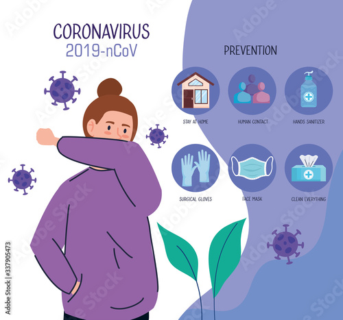 woman with cough and infographic of coronavirus 2019 ncov and icons vector illustration design
