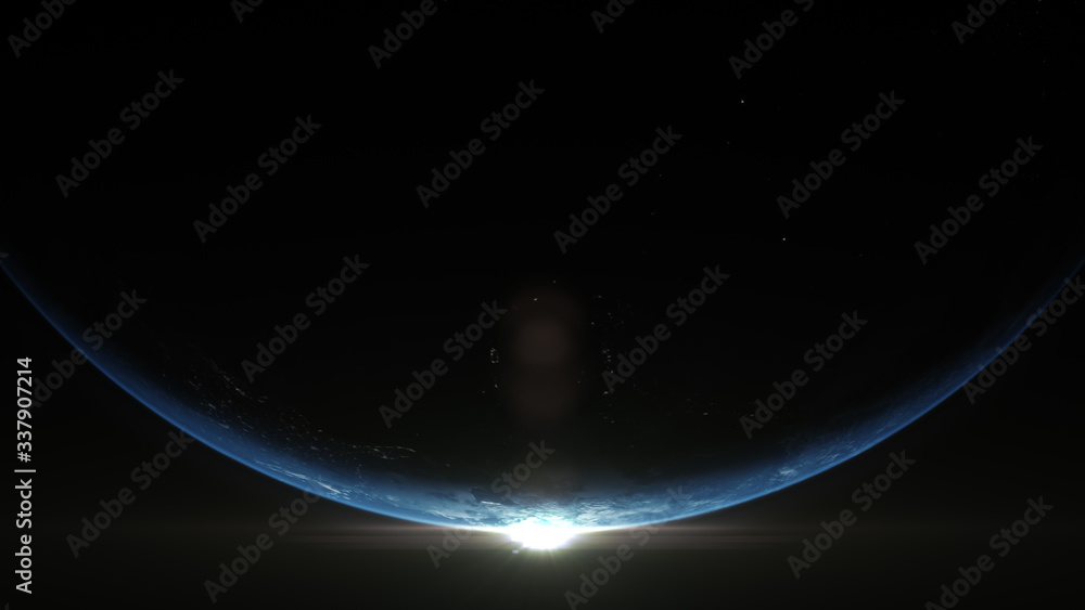 A cinematic rendering of planet Earth rise rotation moving from night side to the illuminated daylight side with the sun rising on the planet's horizon A cinematic rendering of planet Earth rise rotation moving from night side to the illuminated daylight side with the sun rising on the planet's horizon