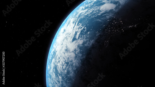 Fototapeta Naklejka Na Ścianę i Meble -  A cinematic rendering of planet Earth rise rotation moving from night side to the illuminated daylight side with the sun rising on the planet's horizon