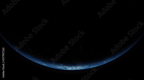 Fototapeta Naklejka Na Ścianę i Meble -  A cinematic rendering of planet Earth rise rotation moving from night side to the illuminated daylight side with the sun rising on the planet's horizon