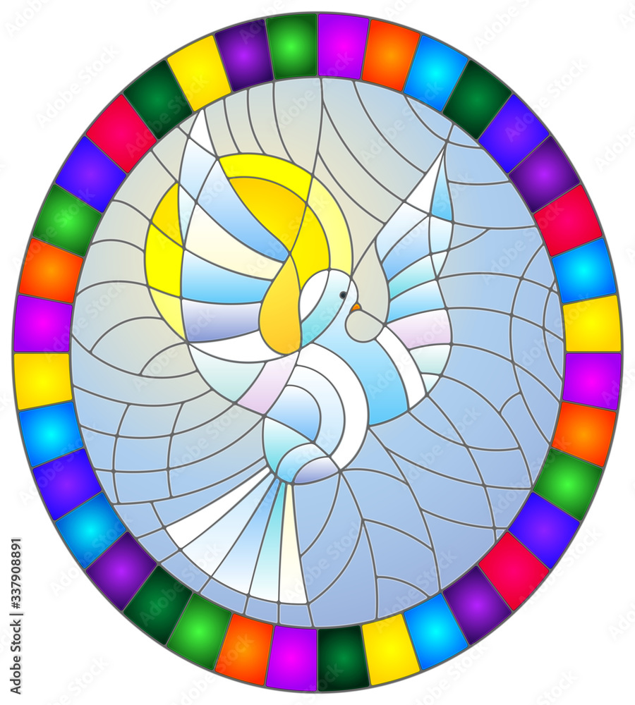 Obraz premium Illustration in stained glass style with a white dove on the background of the daytime sky and clouds, oval picture in a bright frame