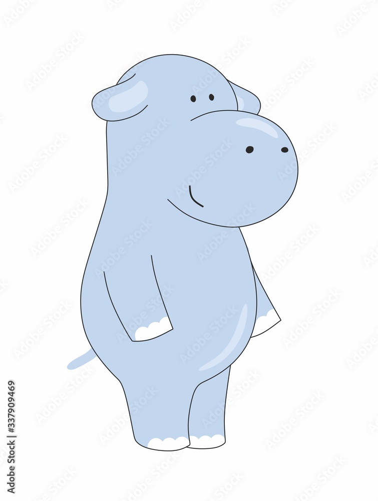 Obraz premium Cute Hippo on a white background. Children's cartoon illustration. Drawing of a Hippo. The design of children's books, t-shirts, print to fabric, card, logo