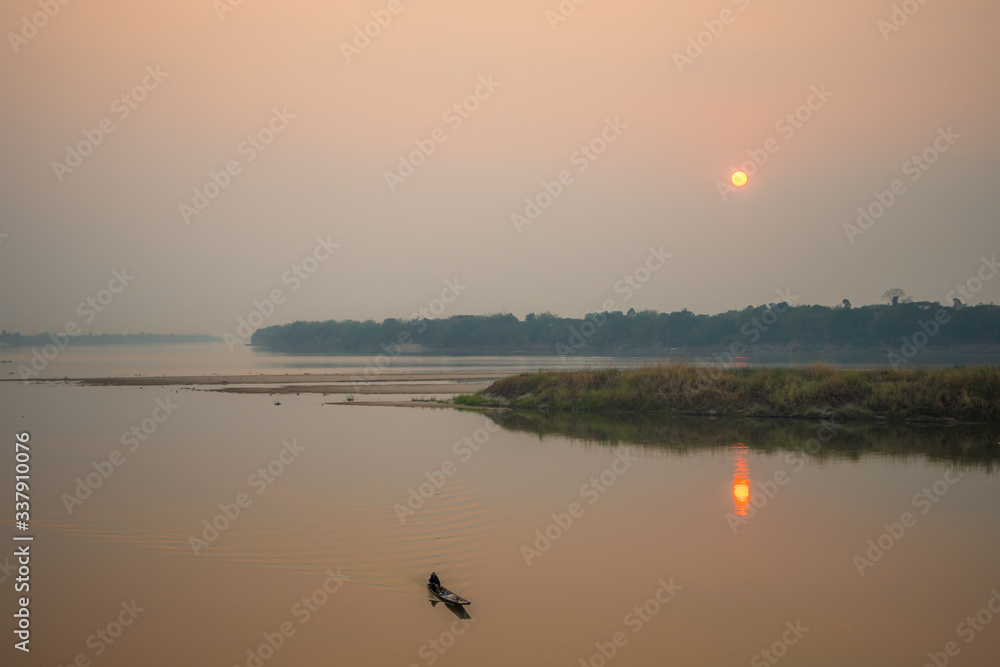Sunset rural river boat view. Sunset river boat scene. Sunset river boat. River boat sunset scene Sunset rural river boat view. Sunset river boat scene. Sunset river boat. River boat sunset scene
