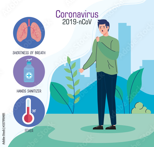 man with cough and infographic of coronavirus 2019 ncov and icons vector illustration design