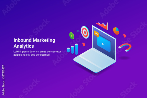 Inbound marketing, video promotion, targeting audience, business data analysis, data driven marketing concept. Isometric web banner, internet technology.