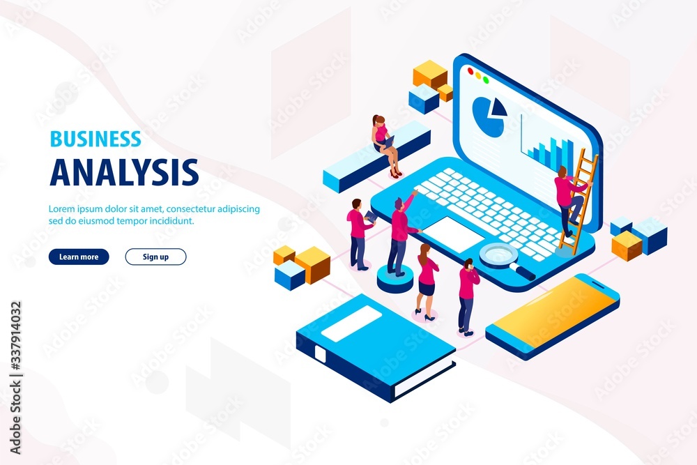 Business analysis concept banner with office workers. Isolated flat vector isometric illustration for web, presentation, banner, infographics.