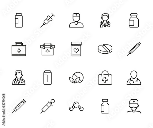 Stroke line icons set of pharmacy.
