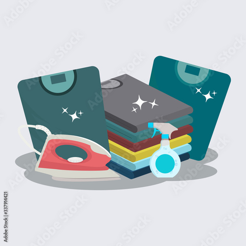 T-shirts , iron, and deodorizer ironing vector illustration. T-shirts has been ironed concept