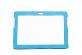 Digital tablet with blue color cover isolated on white background.