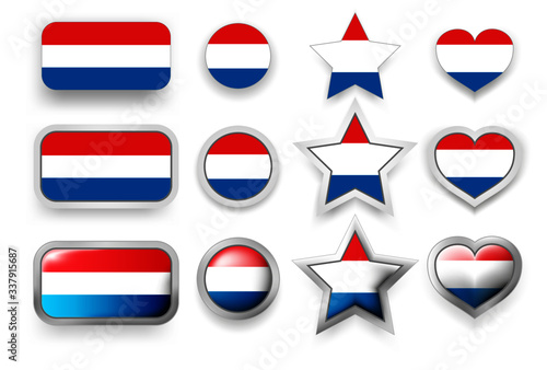 Set of Netherlands vector labels square button, circle button, star and heart buttons in flag colors red, blue, white for flyer, poster or any holiday design