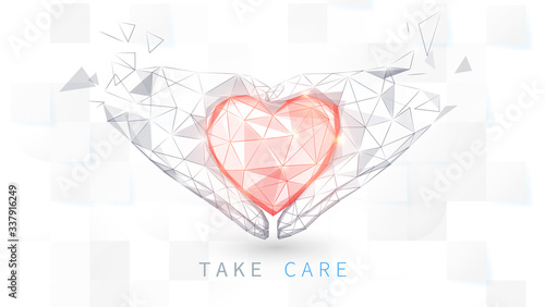 Hand holding red heart on white background. Take care symbol. Low poly vector