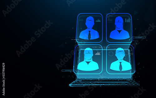 Working from home. Business team using laptop for a online meeting. Video conference. Stay home. Low poly vector