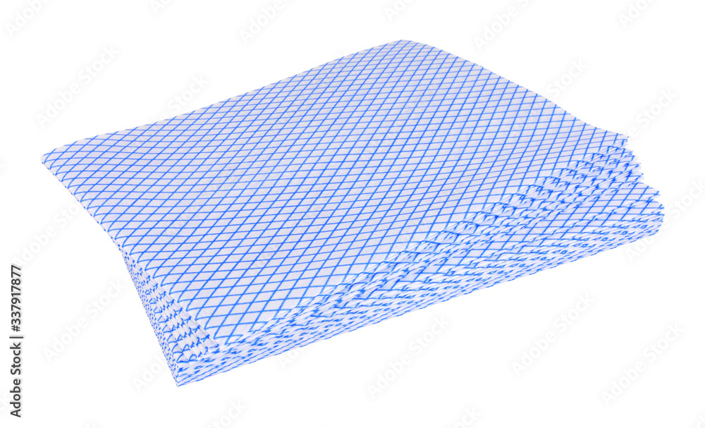 Pile of blue disposable multi purpose viscose cleaning cloths isolated on a white background Pile of blue disposable multi purpose viscose cleaning cloths isolated on a white background