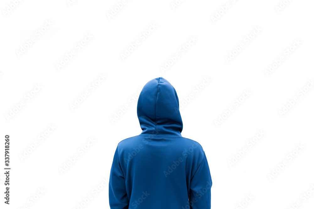 Abstract A Man in hood stand behind on white background with space for text or graphic design. back view look like a hacker man. Abstract A Man in hood stand behind on white background with space for text or graphic design. back view look like a hacker man.