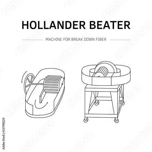 Vector illustration. Thin line icon set of equipment for hand papermaking. Related for logo, instruction, workshop. Hydraulic press, hollander beater, drying box. Linear symbols set