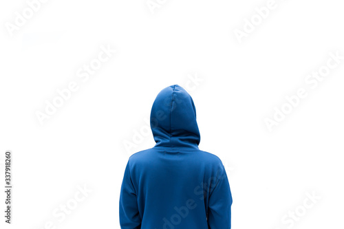 Abstract A Man in hood stand behind on white background with space for text or graphic design. back view look like a hacker man.