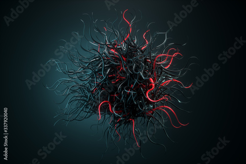 Sphere with chaotic structure, abstract molecule on a dark background, virus, bacterium, COVID-19. Futuristic shape with tentacles. 3D render, 3D illustration.