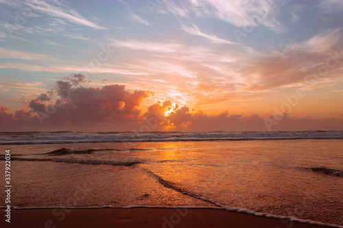 Golden light gradient sunset background on soft nature sunrise peaceful morning outdoor. heavenly mind view sky summer clouds.